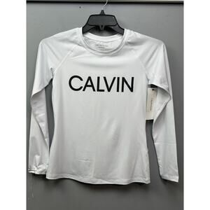 Calvin Klein Long-Sleeve Rashguard‎ Top Womens Small White Spellout Swim 40 UPF